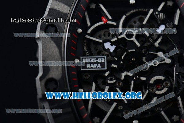 1:1 Richard Mille RM 35-02 RAFAEL NADA Japanese Miyota 9015 Automatic Black PVD Case with Skeleton Dial White Crown Black Rubber Strap - Click Image to Close
